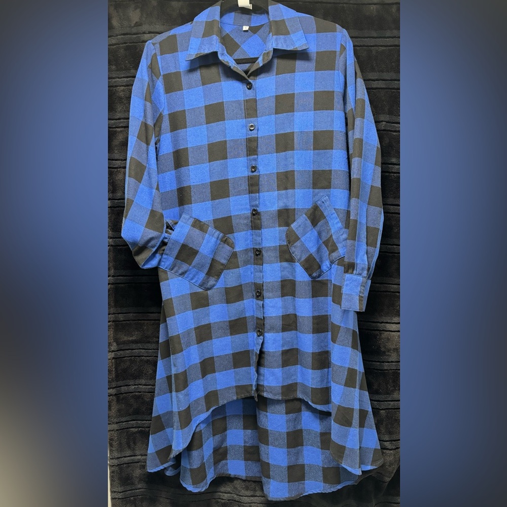 Blue and Black Plaid Button-Up Shirt Dress
